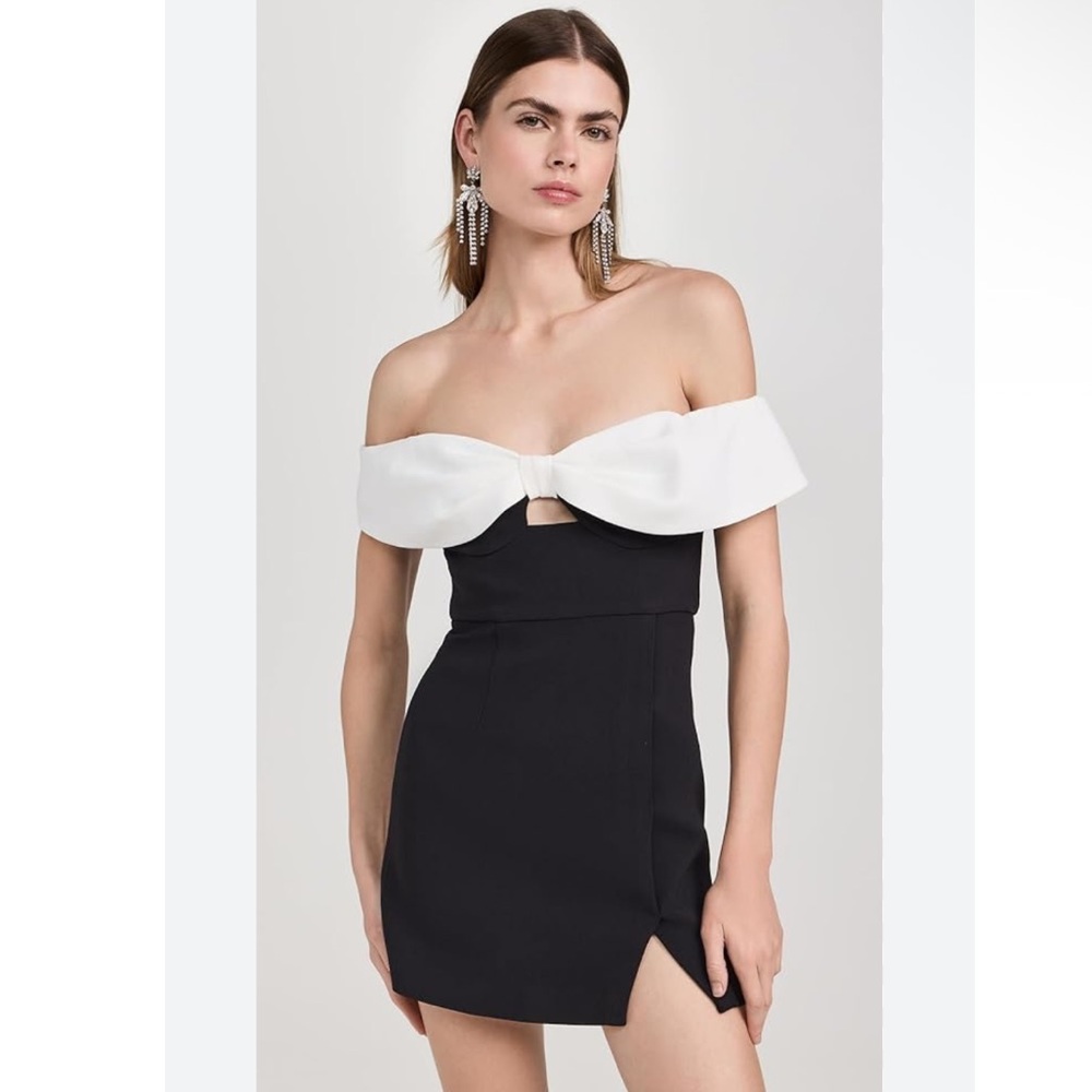 Self Portrait Black Crepe Bow Slit Off The Shoulder Mini Dress size US 6 NEW